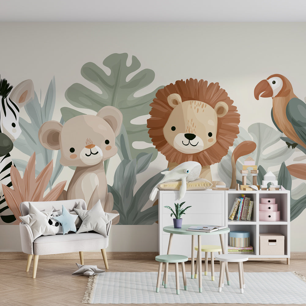 Safari themed mural wallpaper creating peaceful children's bedroom with gentle animal characters