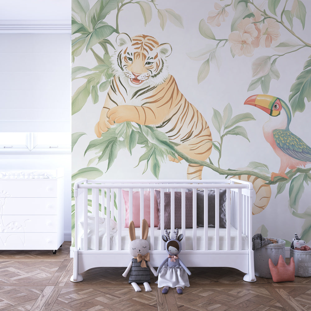 Safari themed jungle wallpaper creating wildlife adventure atmosphere in kids bedroom