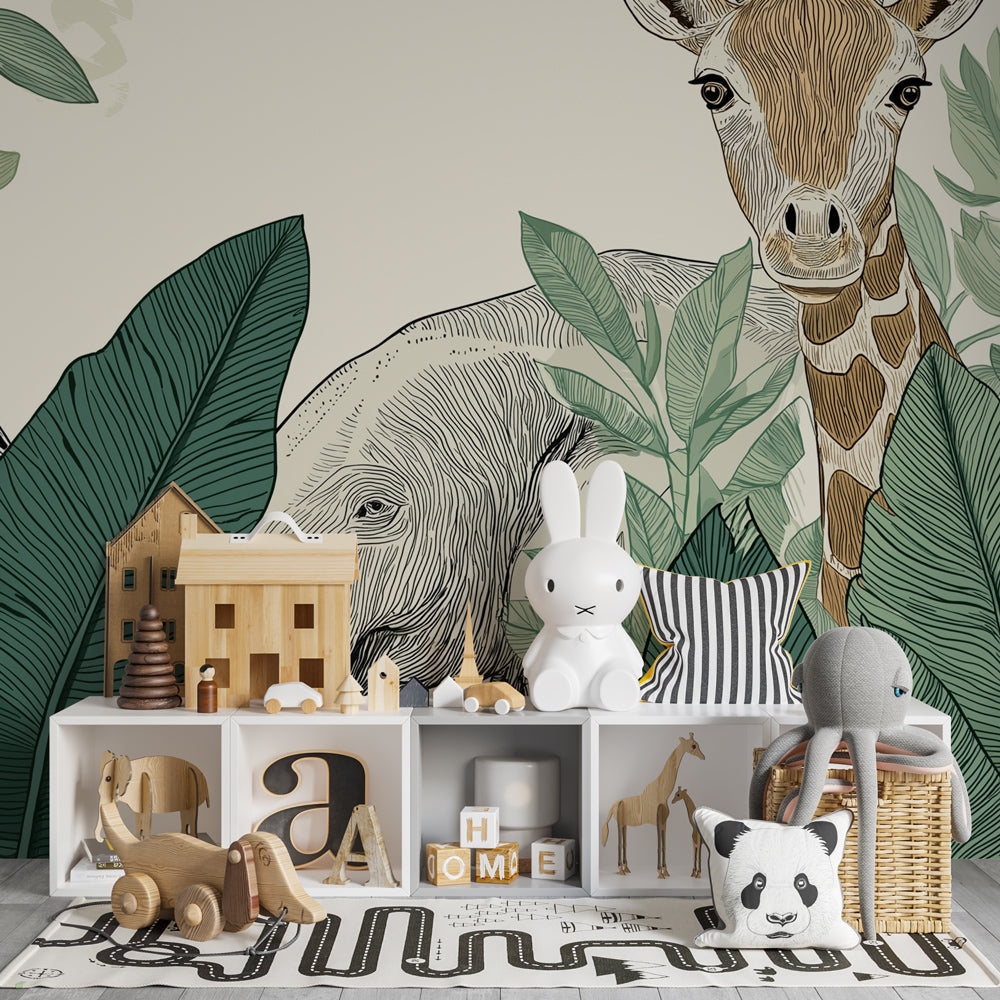 Safari animals wallpaper creating adventurous atmosphere in children's bedroom with natural decor