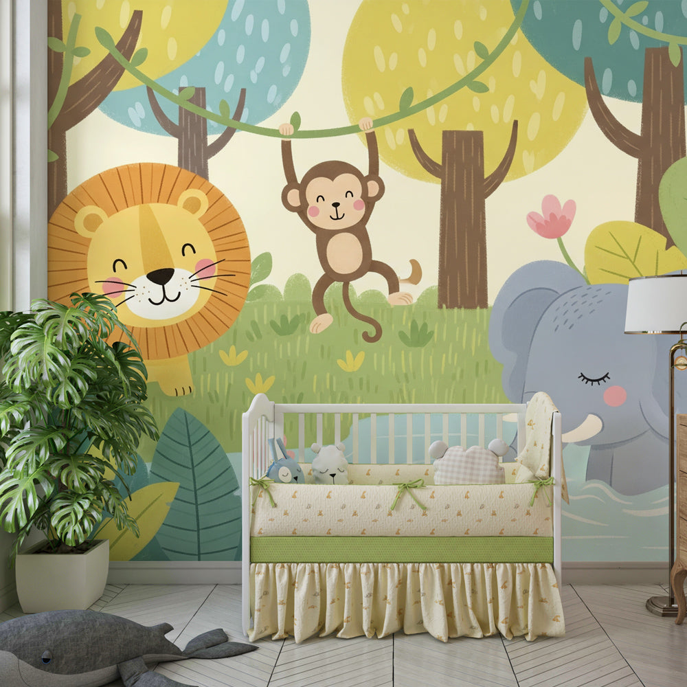 Safari theme jungle wallpaper with cute animals decorating colorful children's bedroom space
