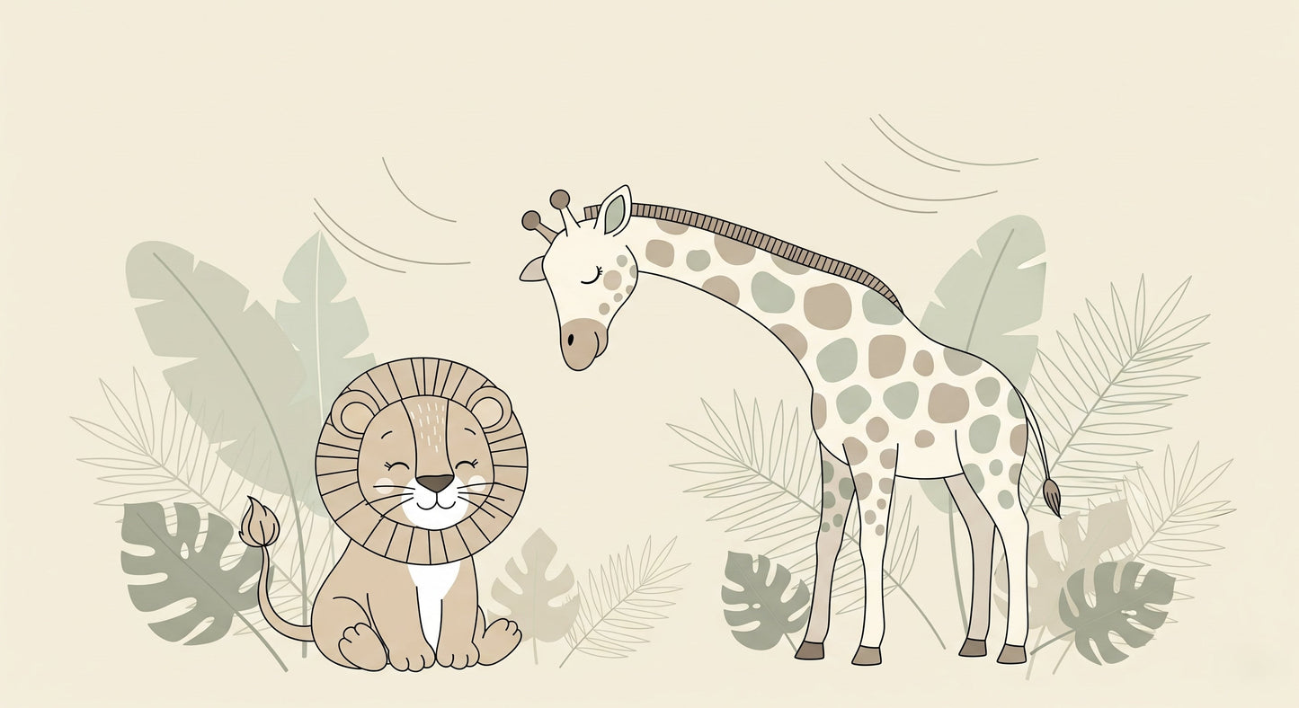 Detailed jungle animals mural wallpaper design pattern showing lion giraffe and tropical foliage by Kids-Mundo