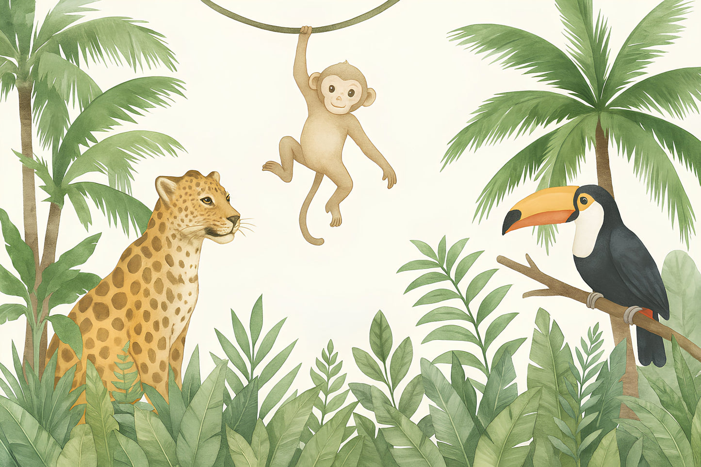 Detailed jungle animals mural wallpaper design pattern showing monkey, leopard and toucan by Kids-Mundo