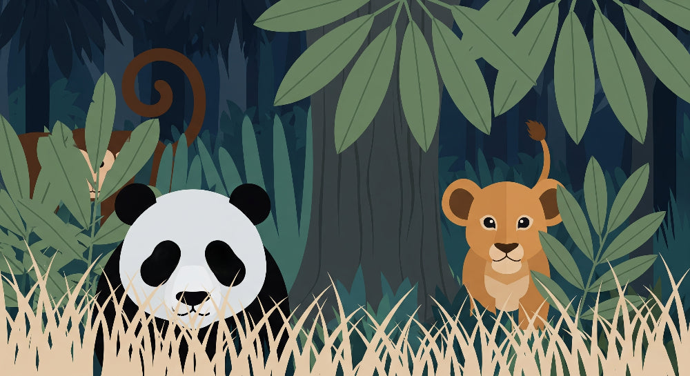 Detailed jungle animals mural wallpaper design pattern with panda and lion cub by Kids-Mundo