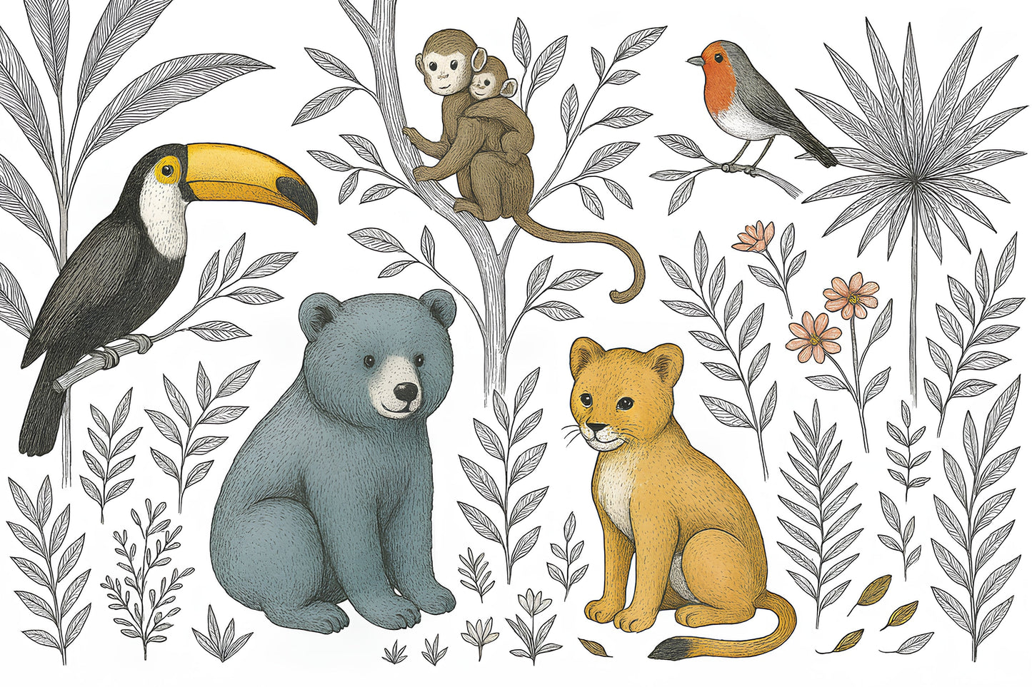 Detailed jungle animals mural wallpaper design pattern showing toucan, lion, bear and tropical foliage by Kids-Mundo