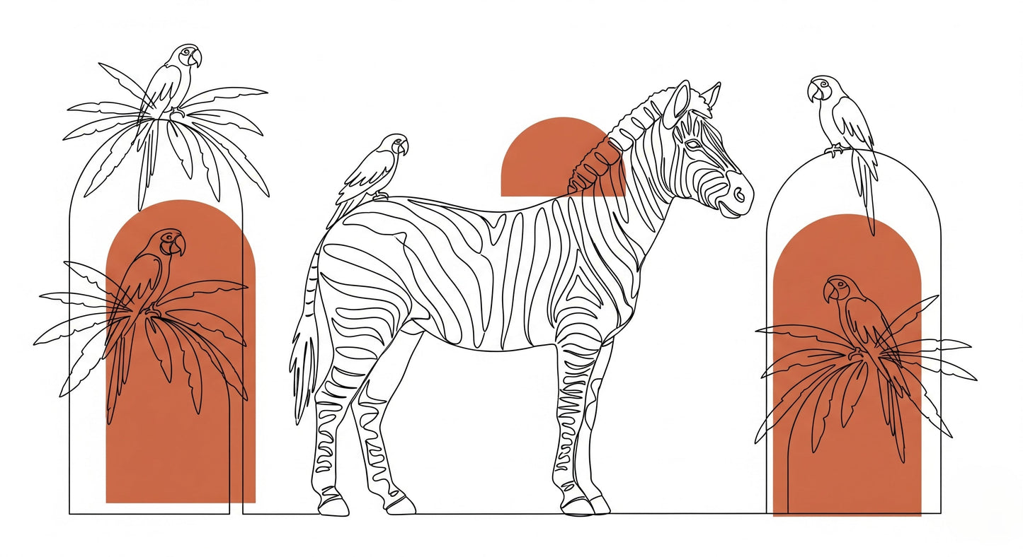 Detailed jungle animals mural wallpaper design pattern featuring zebra and tropical parrots by Kids-Mundo