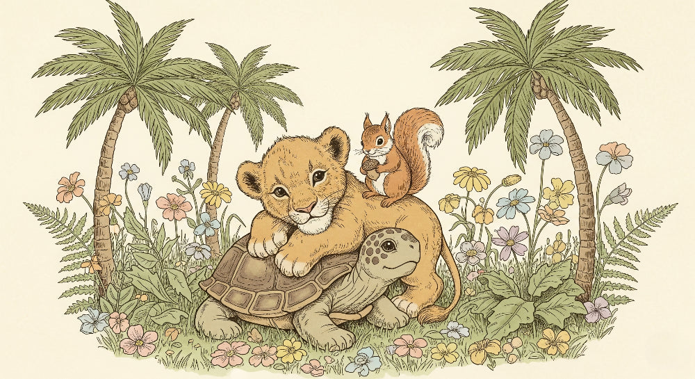 Detailed jungle animals mural wallpaper design pattern with lion turtle squirrel by Kids-Mundo