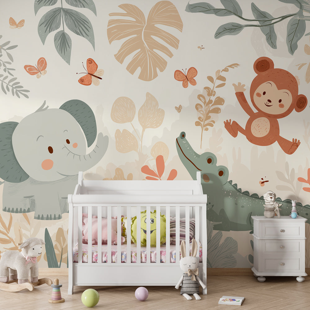 Colorful safari mural wallpaper transforming children's bedroom into jungle adventure space