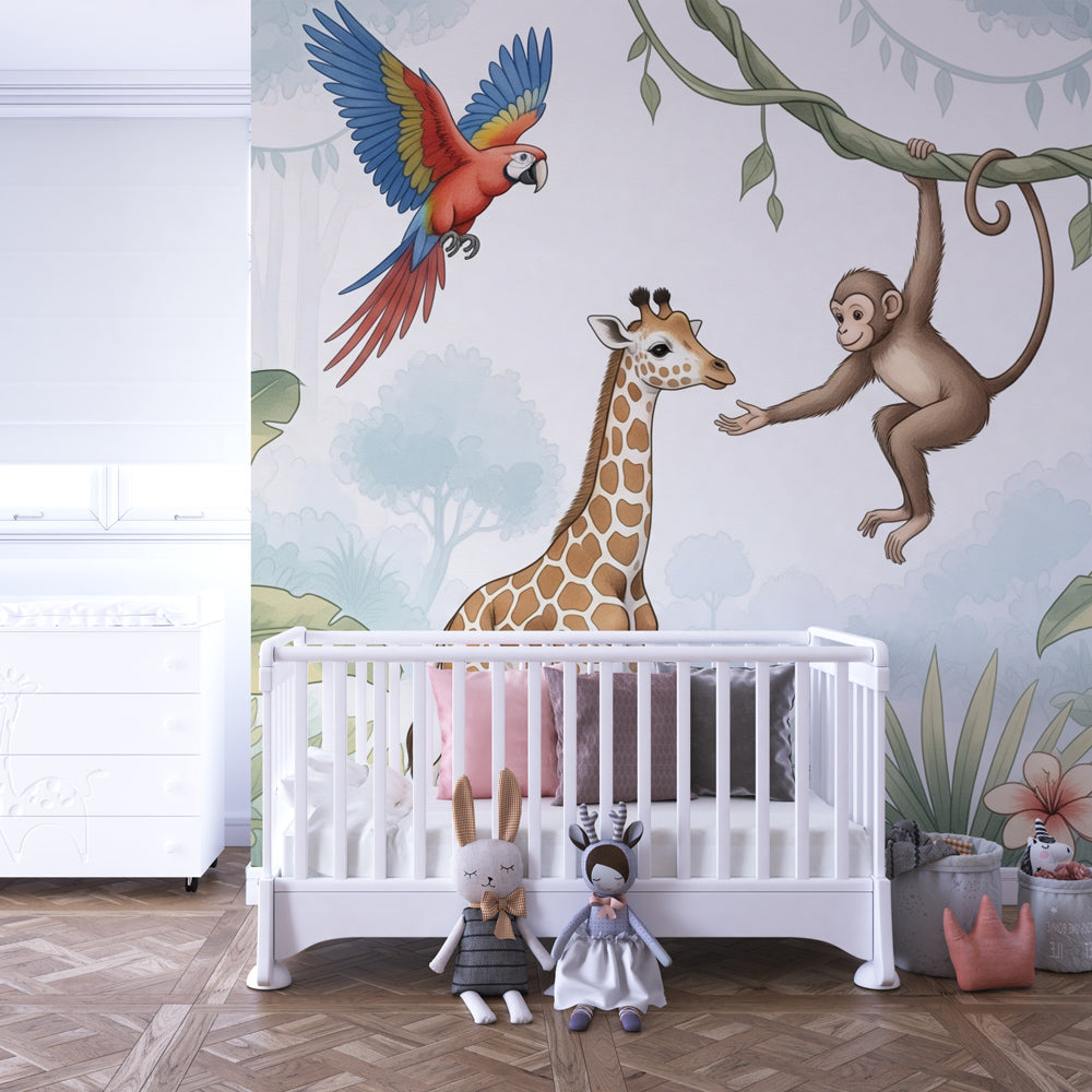 Safari adventure wallpaper creating magical jungle atmosphere in children's bedroom