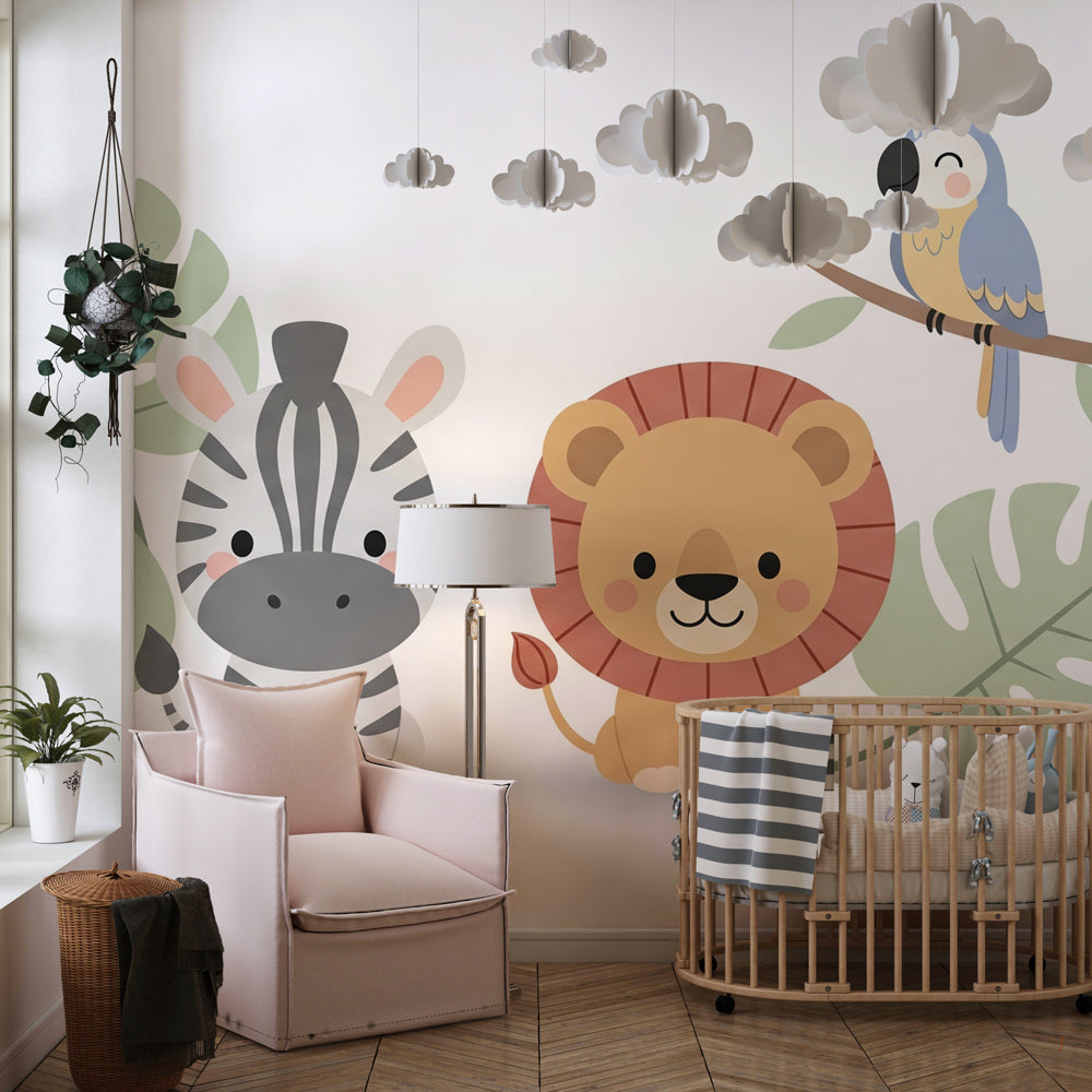 Safari themed mural wallpaper creating adventure atmosphere in children's bedroom