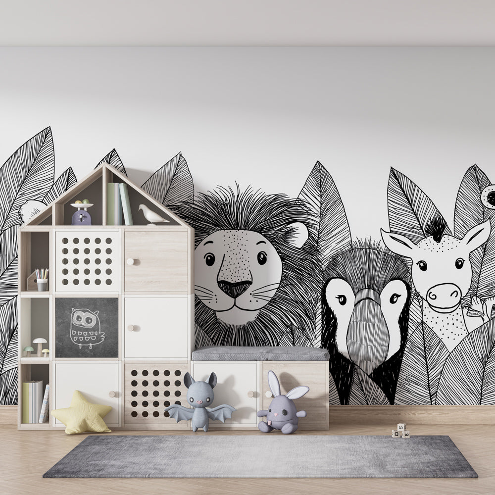 Safari animals wallpaper creating playful monochrome kids bedroom decor with natural accents