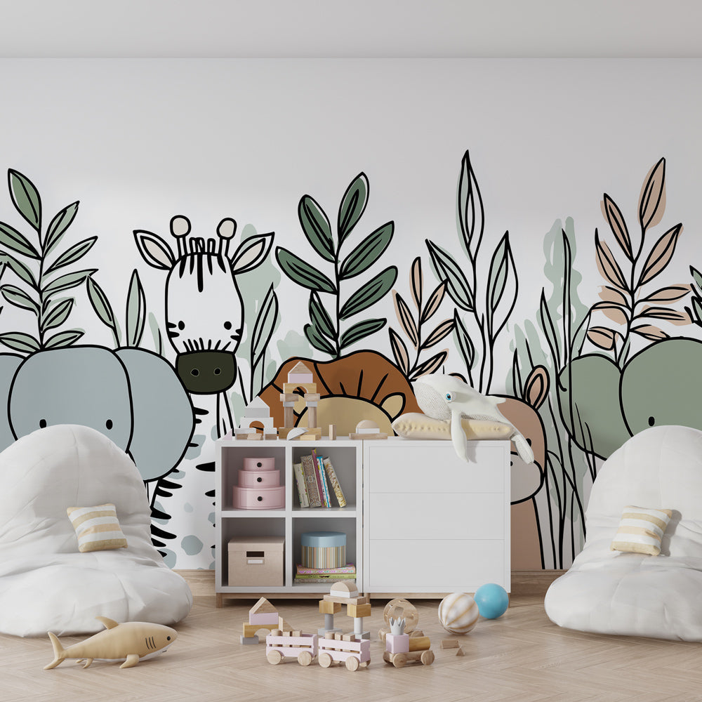 Safari animals wallpaper creating adventurous children's bedroom decor with tropical jungle theme