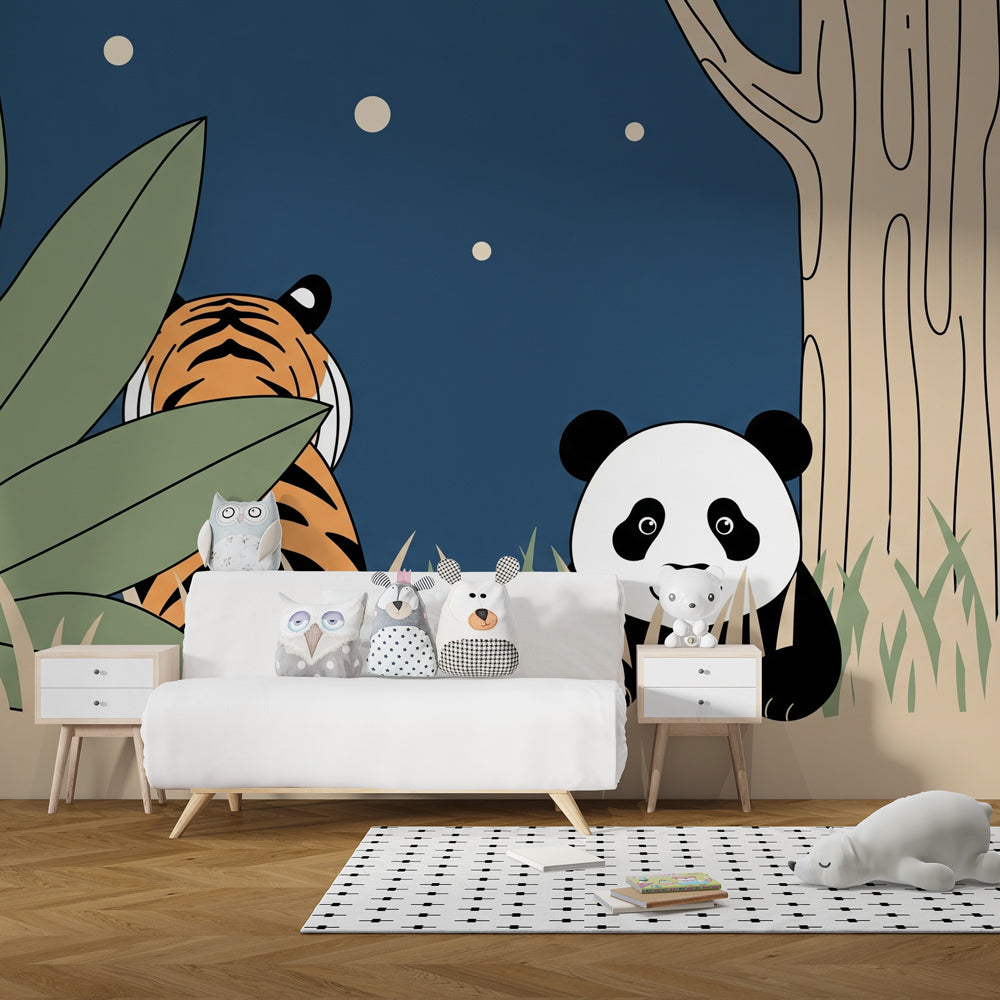 Moonlit safari wallpaper creating magical atmosphere in children's bedroom decor