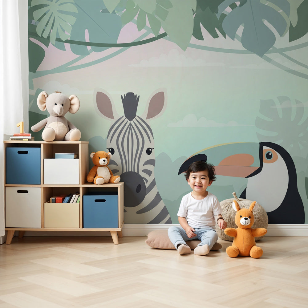 Jungle animals mural wallpaper with zebra and toucan in modern nursery room by Kids-Mundo