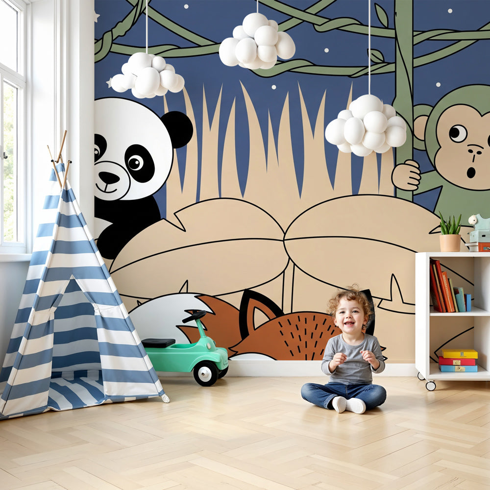 Jungle animals mural wallpaper with panda and monkey in modern nursery room by Kids-Mundo