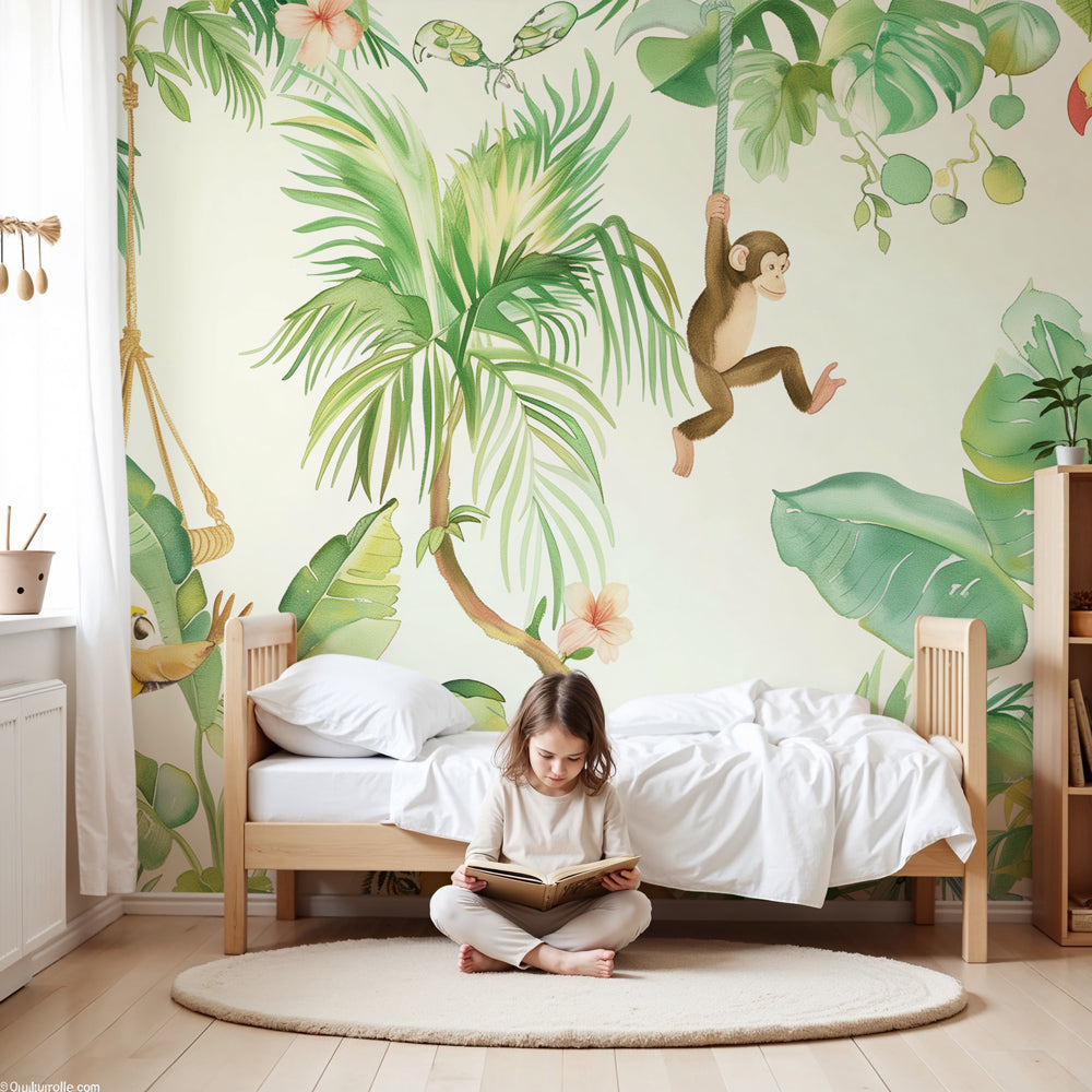 Tropical jungle animals mural wallpaper in modern nursery with natural wood furniture by Kids-Mundo