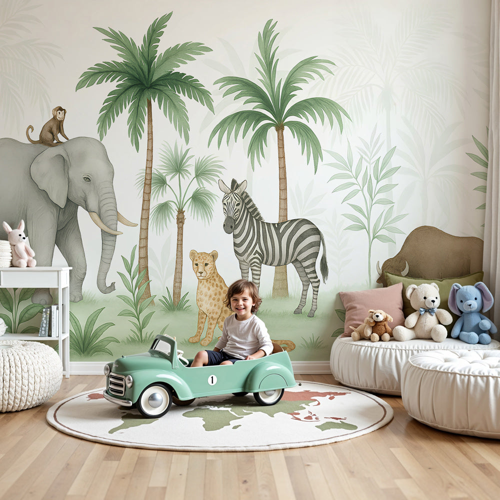Jungle animals mural wallpaper with elephant and monkey in modern nursery by Kids-Mundo
