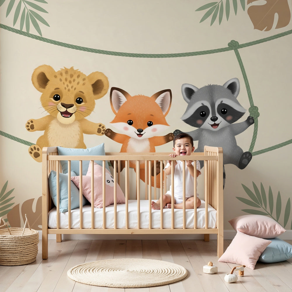 Jungle animals mural wallpaper with safari friends in cozy nursery room by Kids-Mundo