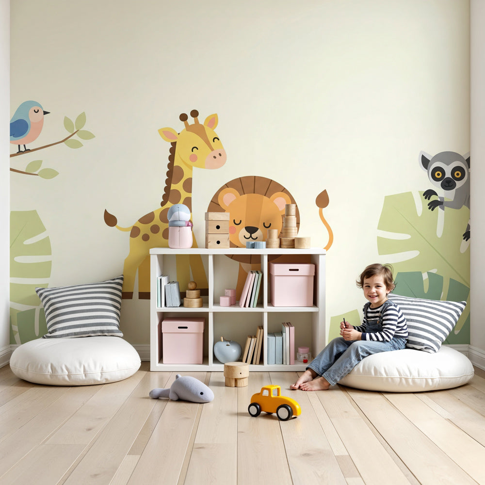 Jungle animals mural wallpaper in modern nursery with giraffe lion lemur safari theme by Kids-Mundo