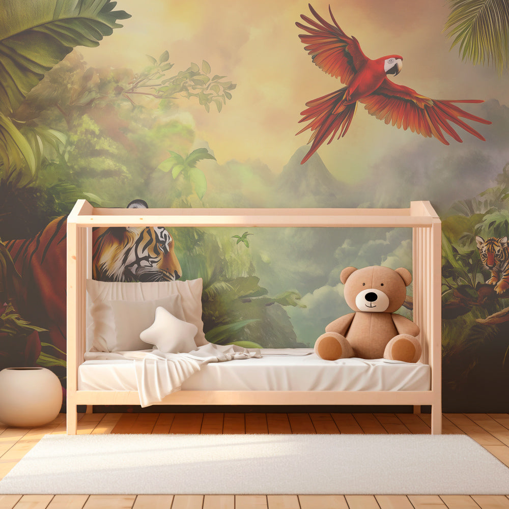 Exotic jungle wallpaper creating tropical nursery decor with tigers and colorful parrots