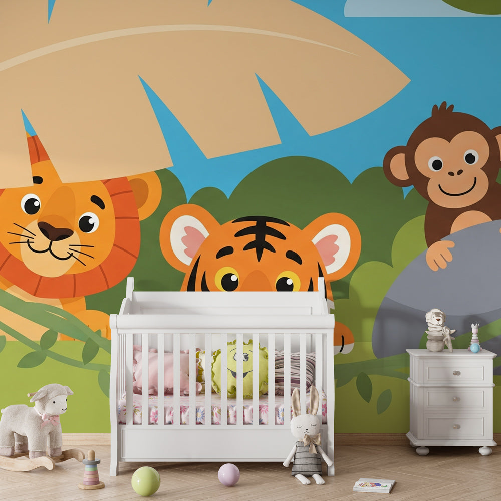 Tropical jungle wallpaper creating adventurous nursery atmosphere with lion tiger monkey design