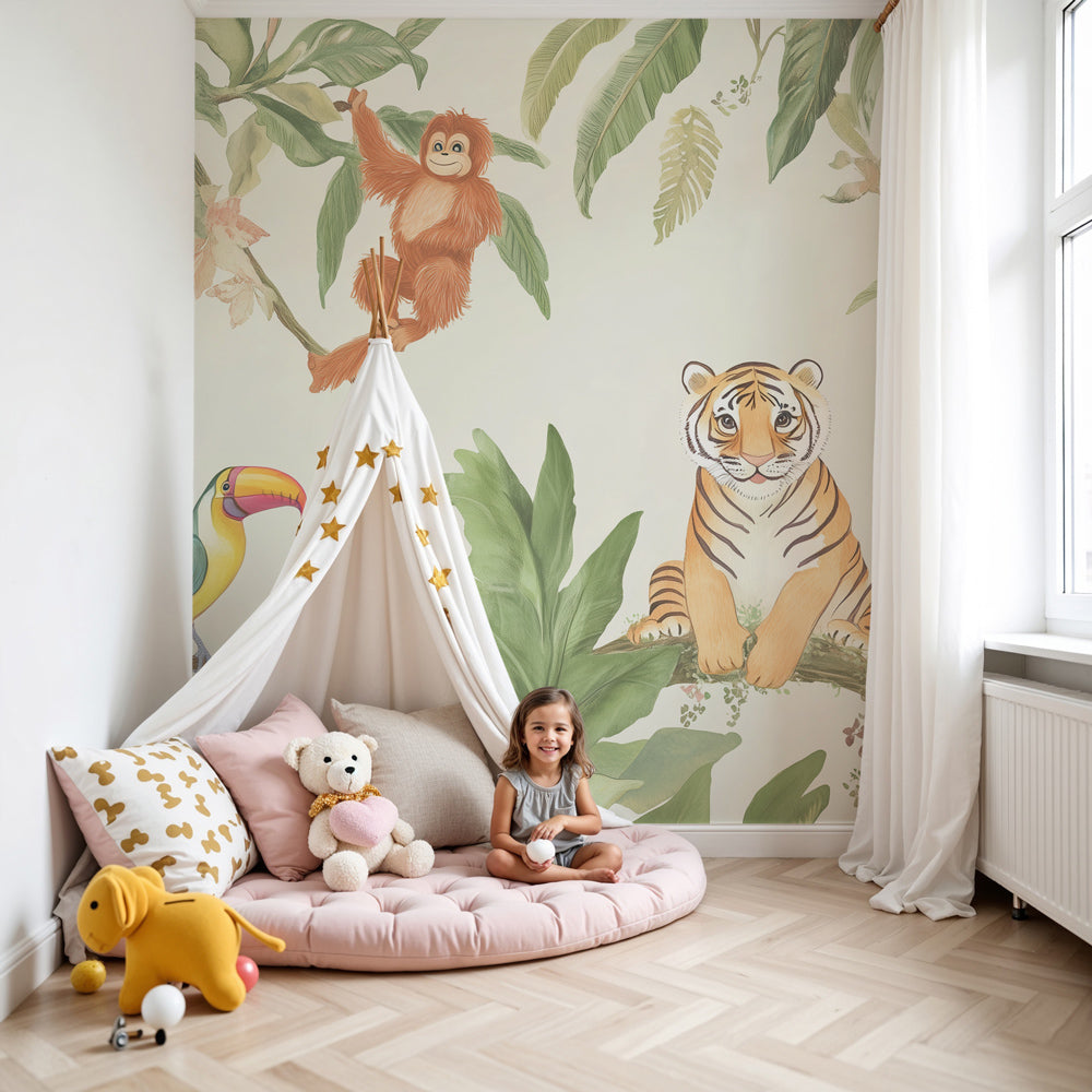 Jungle animals mural wallpaper with tiger and toucan creating tropical nursery decor by Kids-Mundo