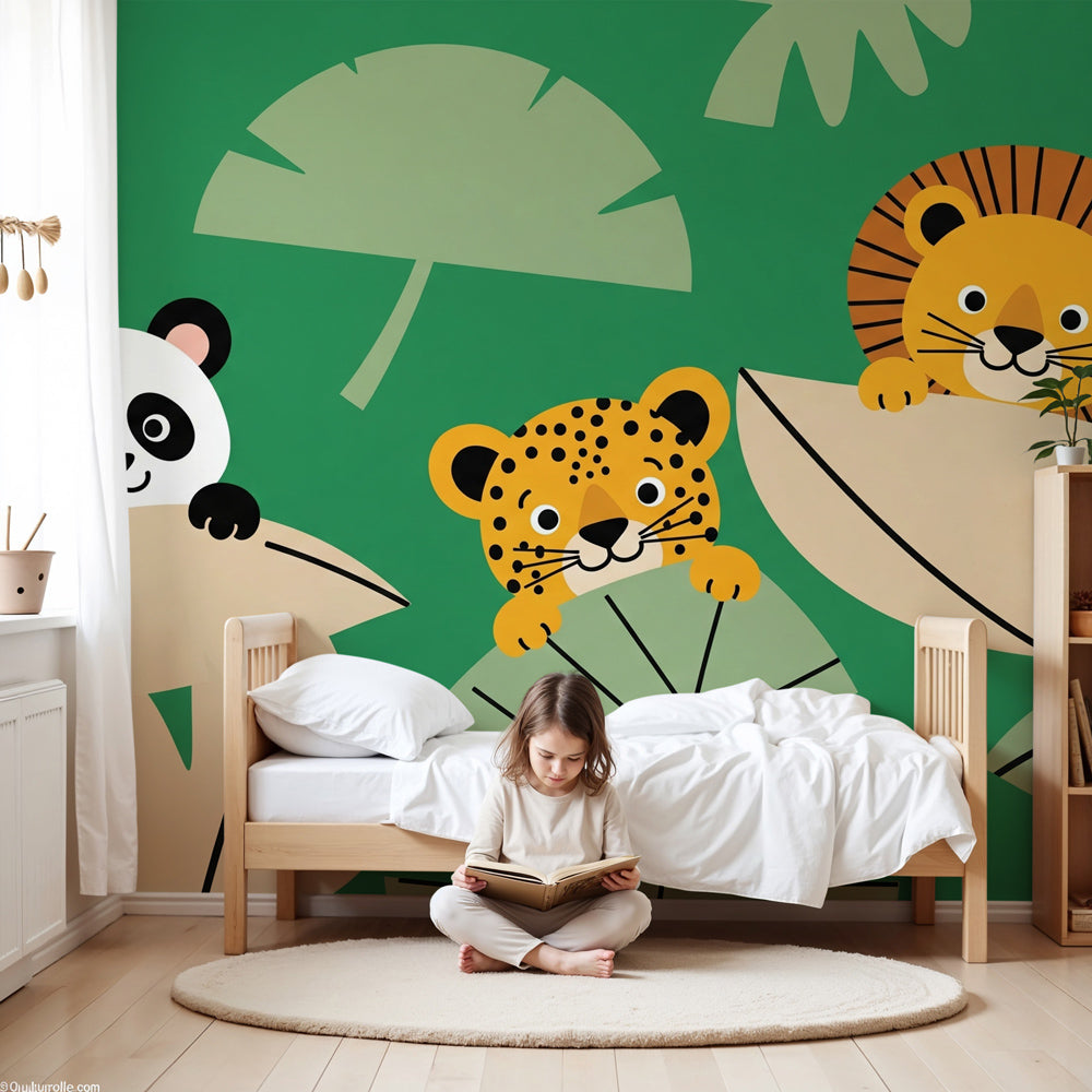 Jungle animals mural wallpaper creating tropical safari nursery decor with panda and lion by Kids-Mundo