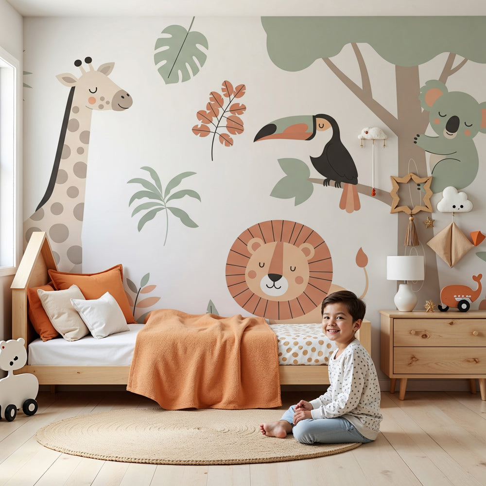 Jungle animals mural wallpaper featuring safari creatures in soft colors for modern nursery by Kids-Mundo
