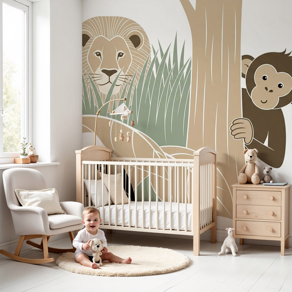 Jungle animals mural wallpaper with hide and seek safari theme in modern nursery by Kids-Mundo