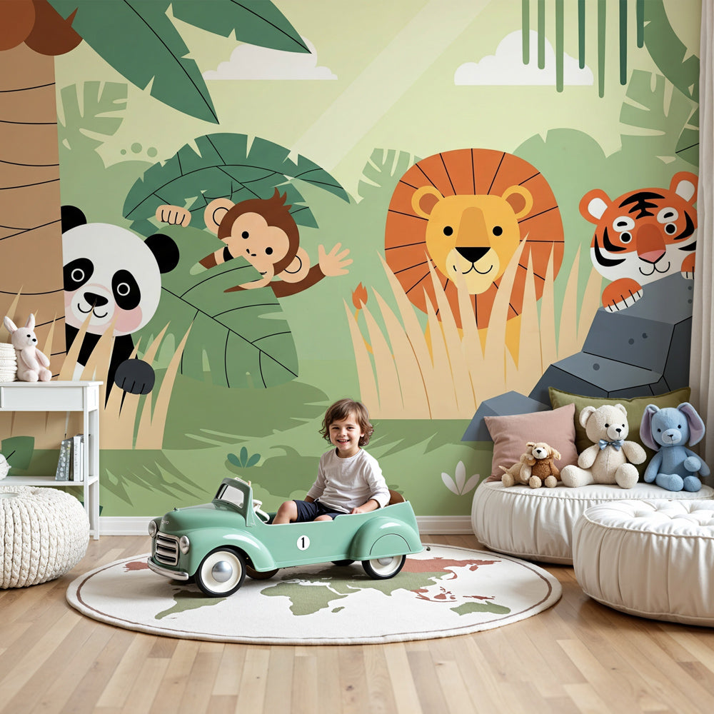 Jungle animals mural wallpaper creating safari adventure nursery with colorful wildlife by Kids-Mundo