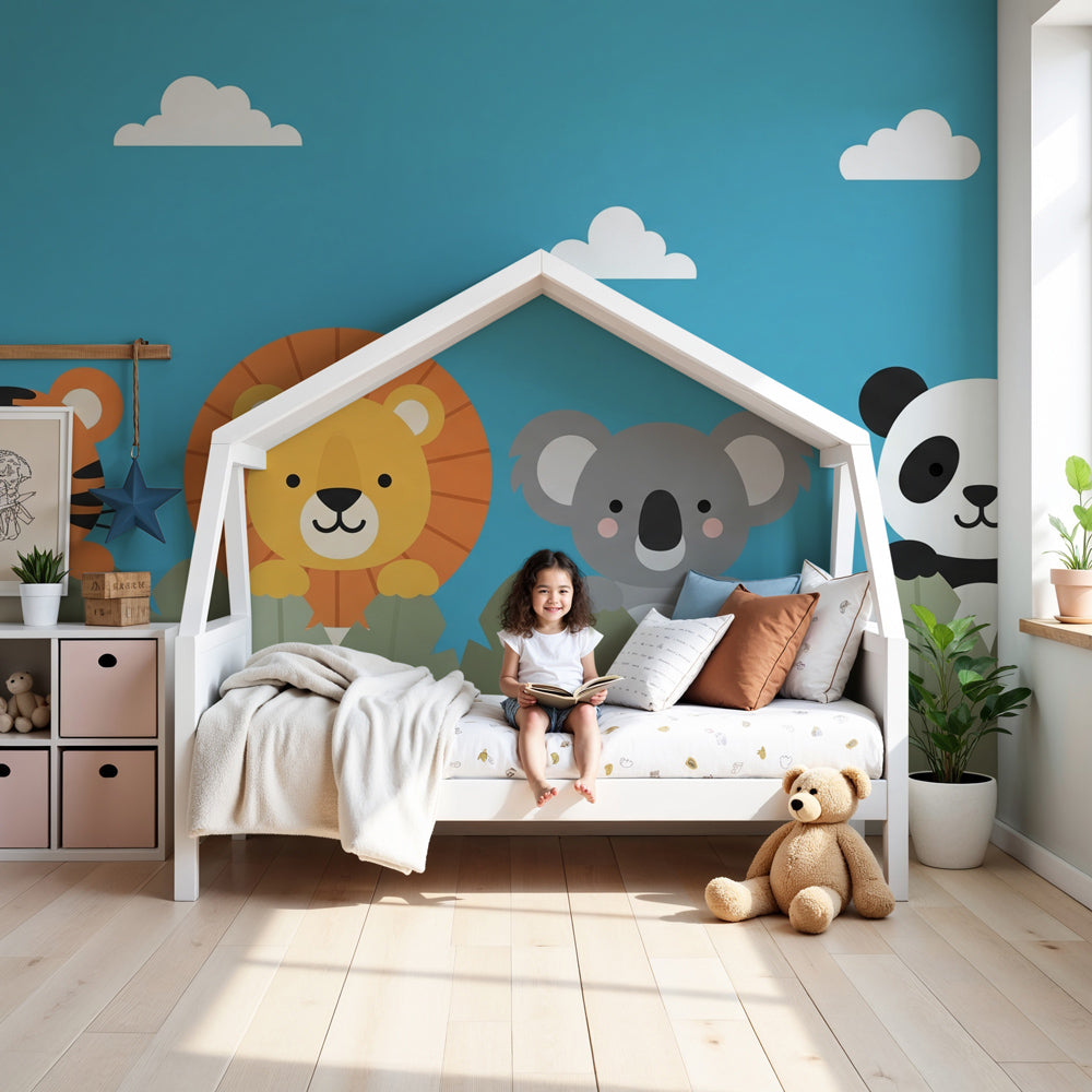 Jungle animals mural wallpaper creating safari adventure theme in modern kids nursery by Kids-Mundo