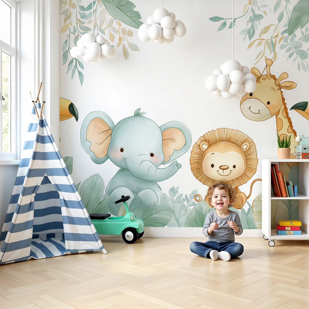 Jungle animals mural wallpaper in modern nursery with safari theme decor by Kids-Mundo