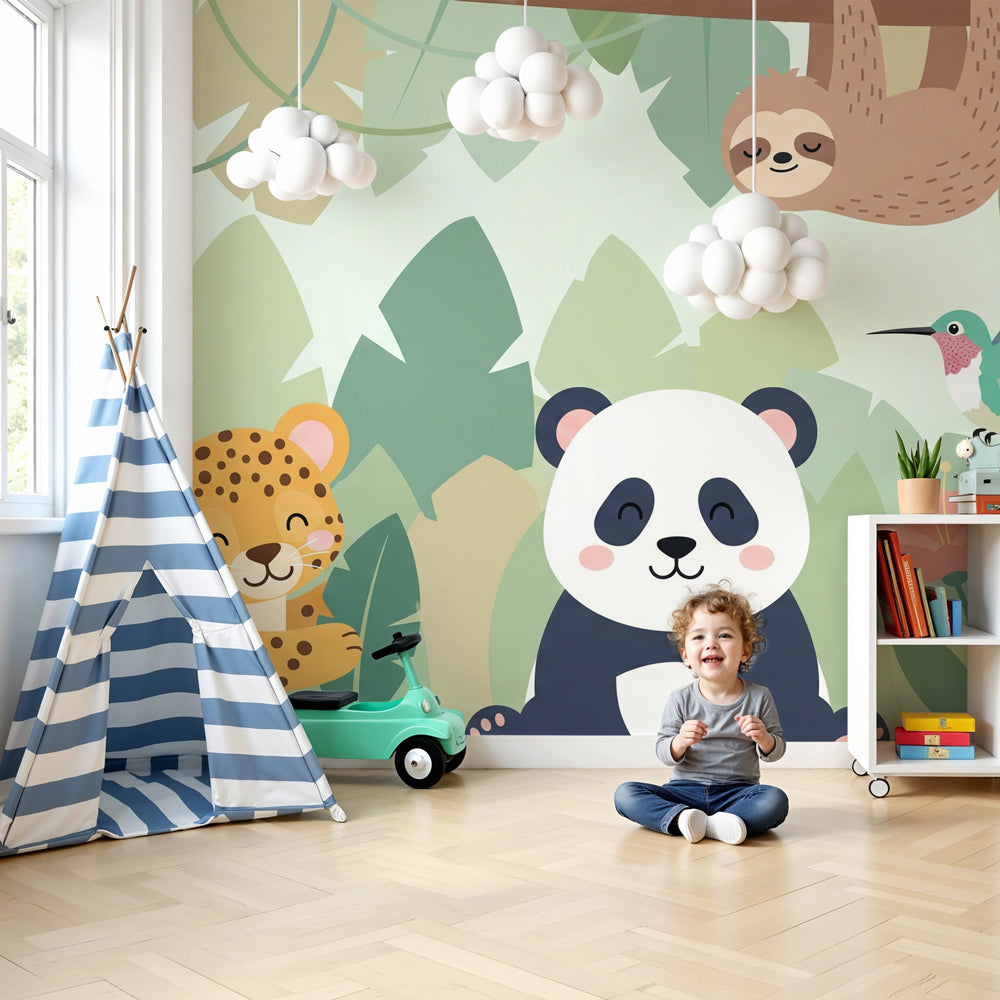 Jungle animals mural wallpaper featuring cute safari creatures in modern nursery by Kids-Mundo