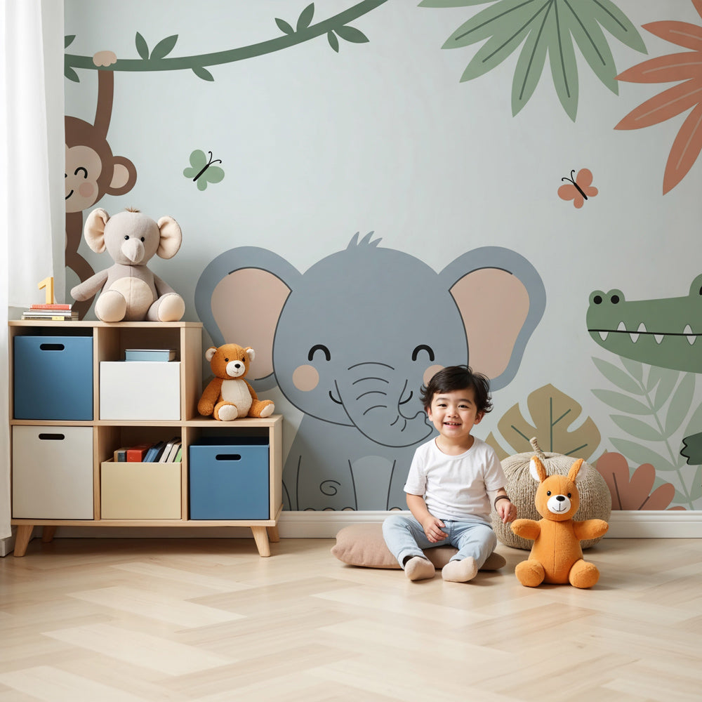 Jungle animals mural wallpaper with elephant and monkey in modern nursery by Kids-Mundo