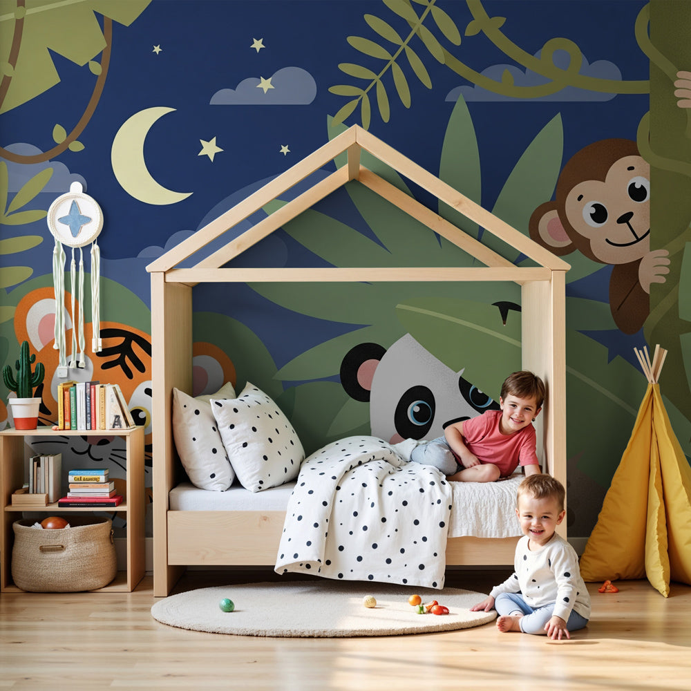 Jungle animals mural wallpaper with tiger, panda and monkey in modern nursery by Kids-Mundo