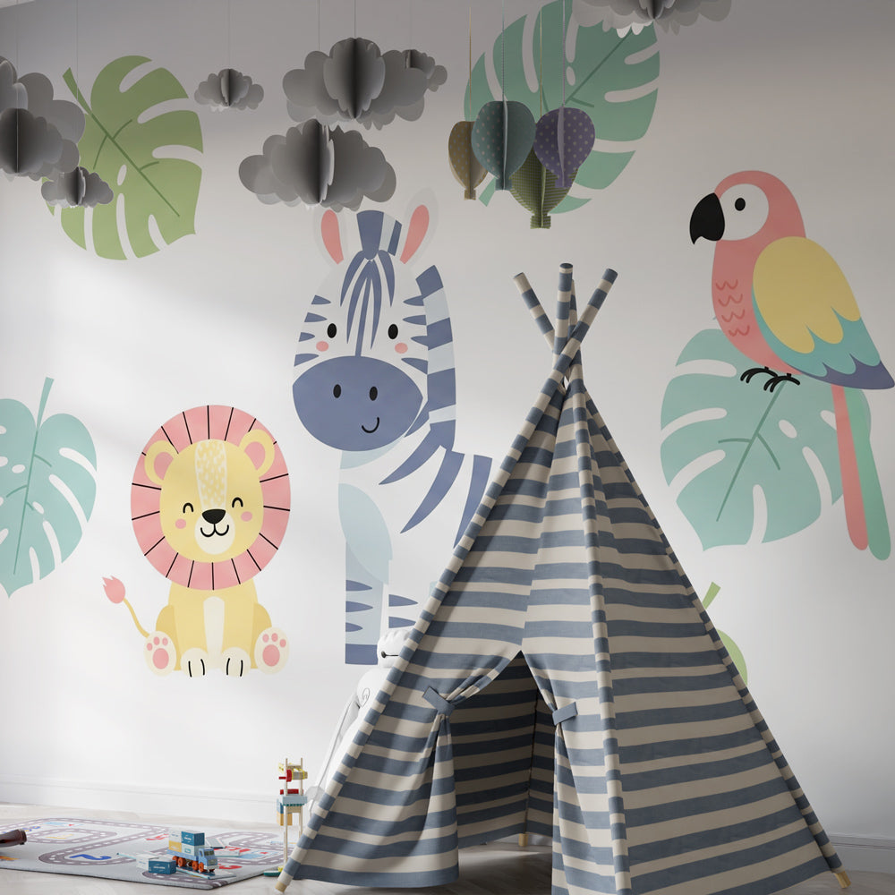Tropical safari mural wallpaper creating adventure theme in children's bedroom decor