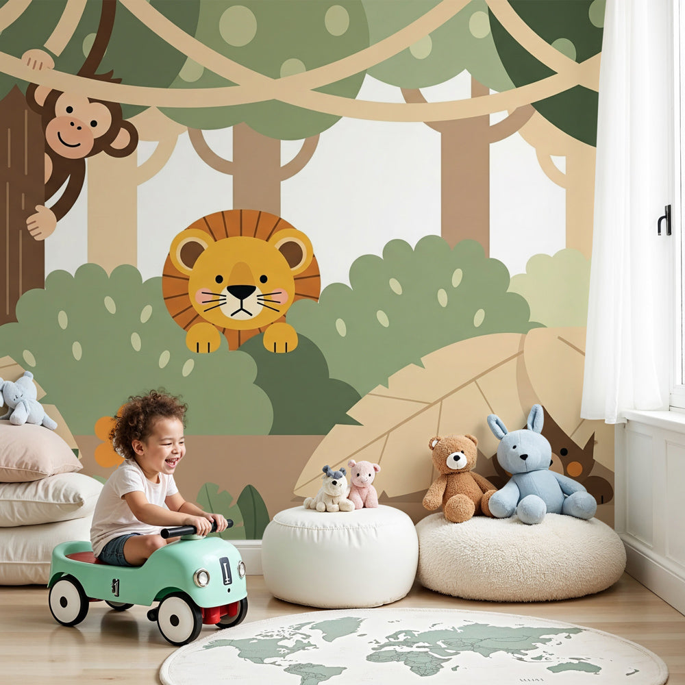 Jungle animals mural wallpaper with monkey and lion creating safari adventure nursery by Kids-Mundo