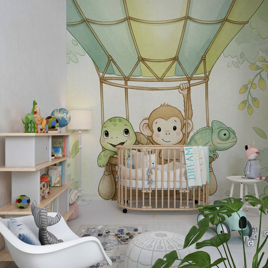 Kids-Mundo jungle balloon wall mural with a monkey and turtle in a children's bedroom