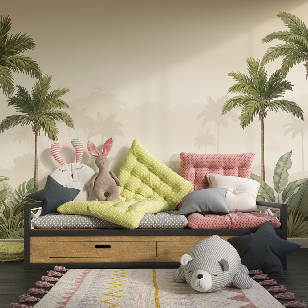 Tropical safari wallpaper creating peaceful atmosphere in modern children's bedroom decor