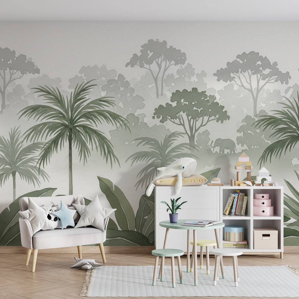 Tropical forest wallpaper creating calming atmosphere in children's bedroom