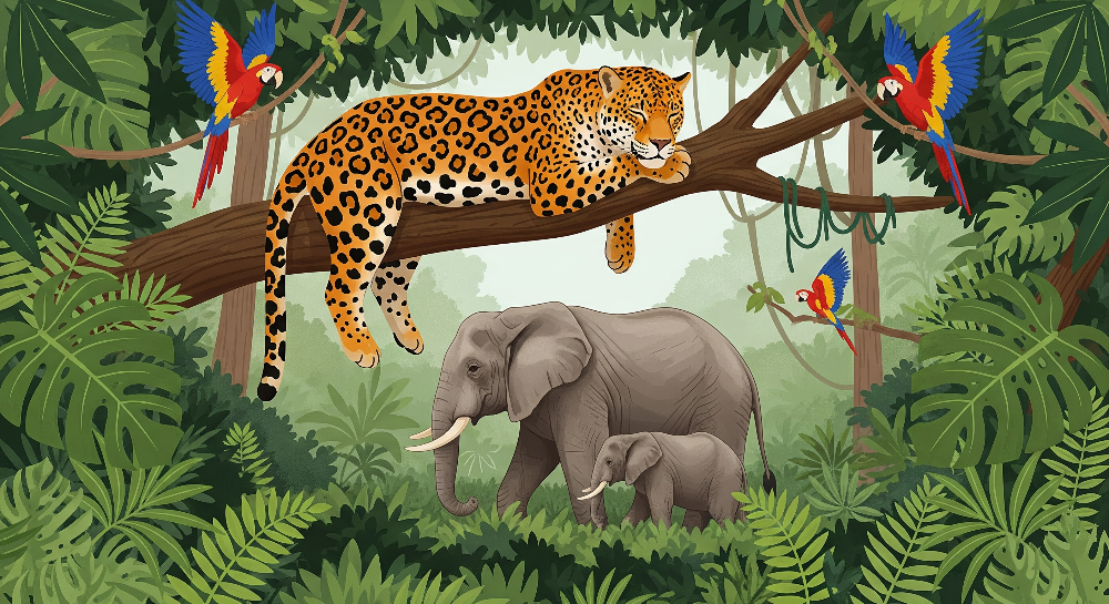 Kids-Mundo flat artwork of an elephant family and a resting leopard in the jungle