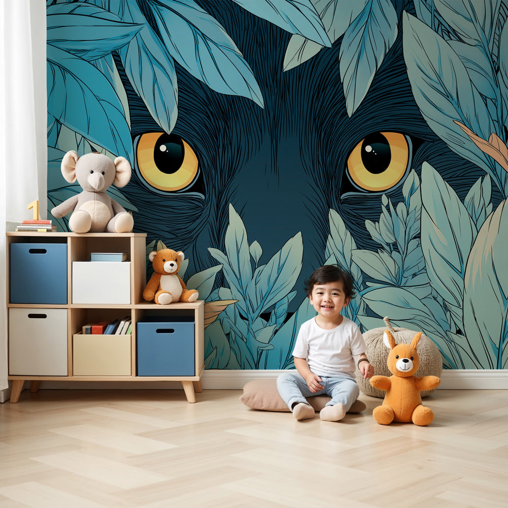 Mysterious jungle eyes mural wallpaper creating adventure atmosphere in modern nursery by Kids-Mundo