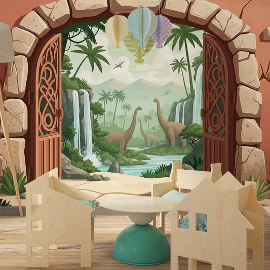 Kids-Mundo waterfall dinosaur wall mural behind a bed in a jungle-themed kids bedroom