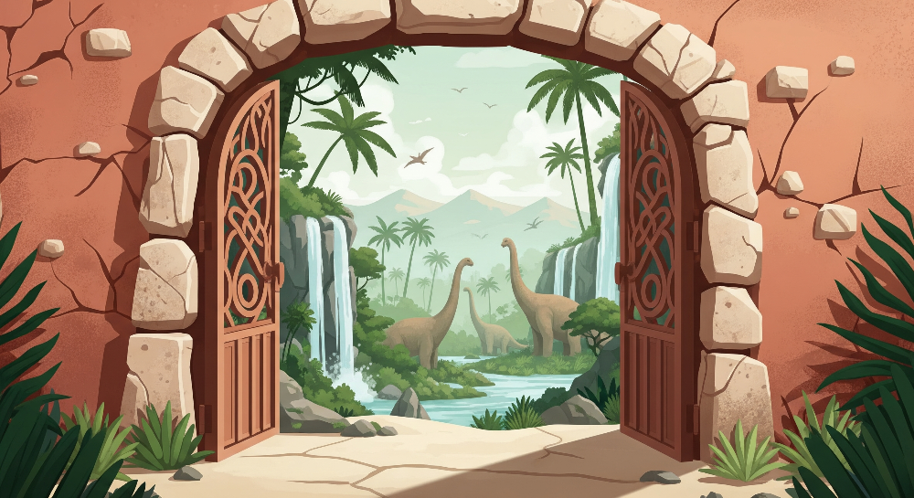 Kids-Mundo flat artwork of an open doorway onto a waterfall dinosaur jungle scene