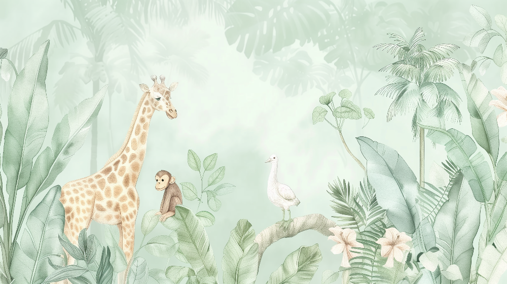 Kids-Mundo jungle giraffe and monkey flat artwork print for made-to-measure wall murals