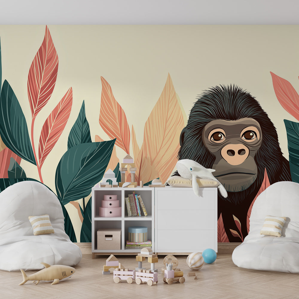 Tropical gorilla wallpaper creating adventurous kids bedroom decor with natural wood furniture