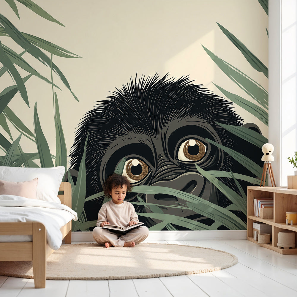 Jungle gorilla mural wallpaper in modern baby nursery with natural wood crib by Kids-Mundo