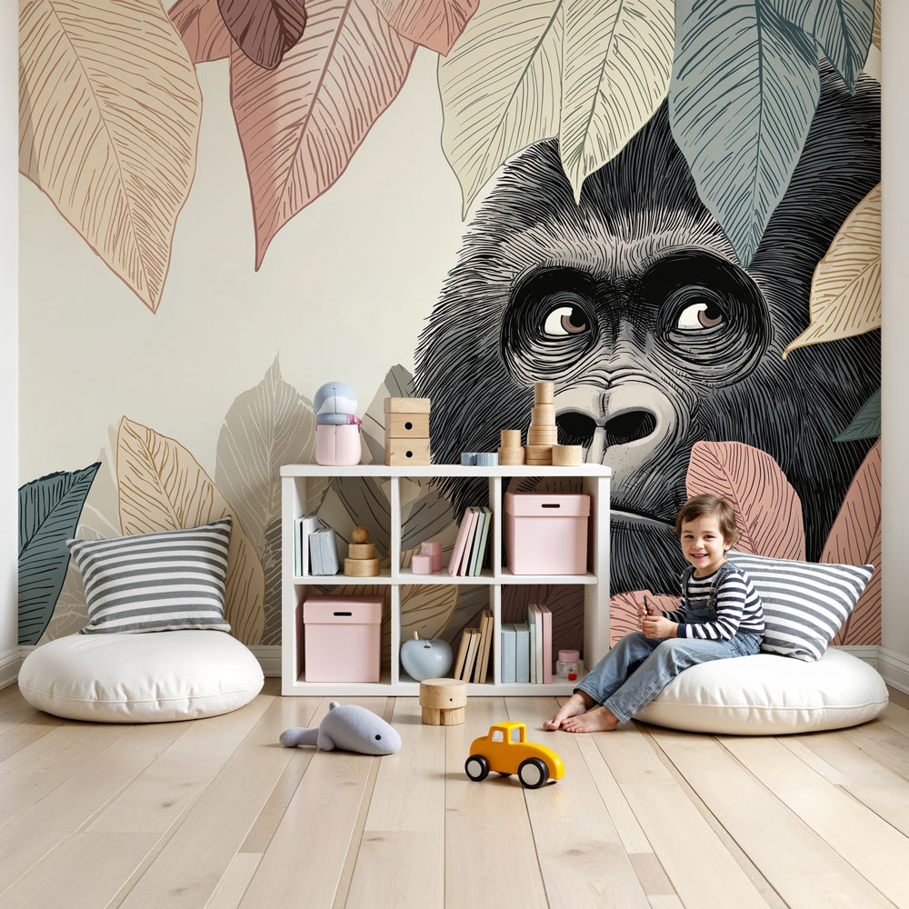 Jungle gorilla mural wallpaper with colorful leaves in modern nursery setting by Kids-Mundo