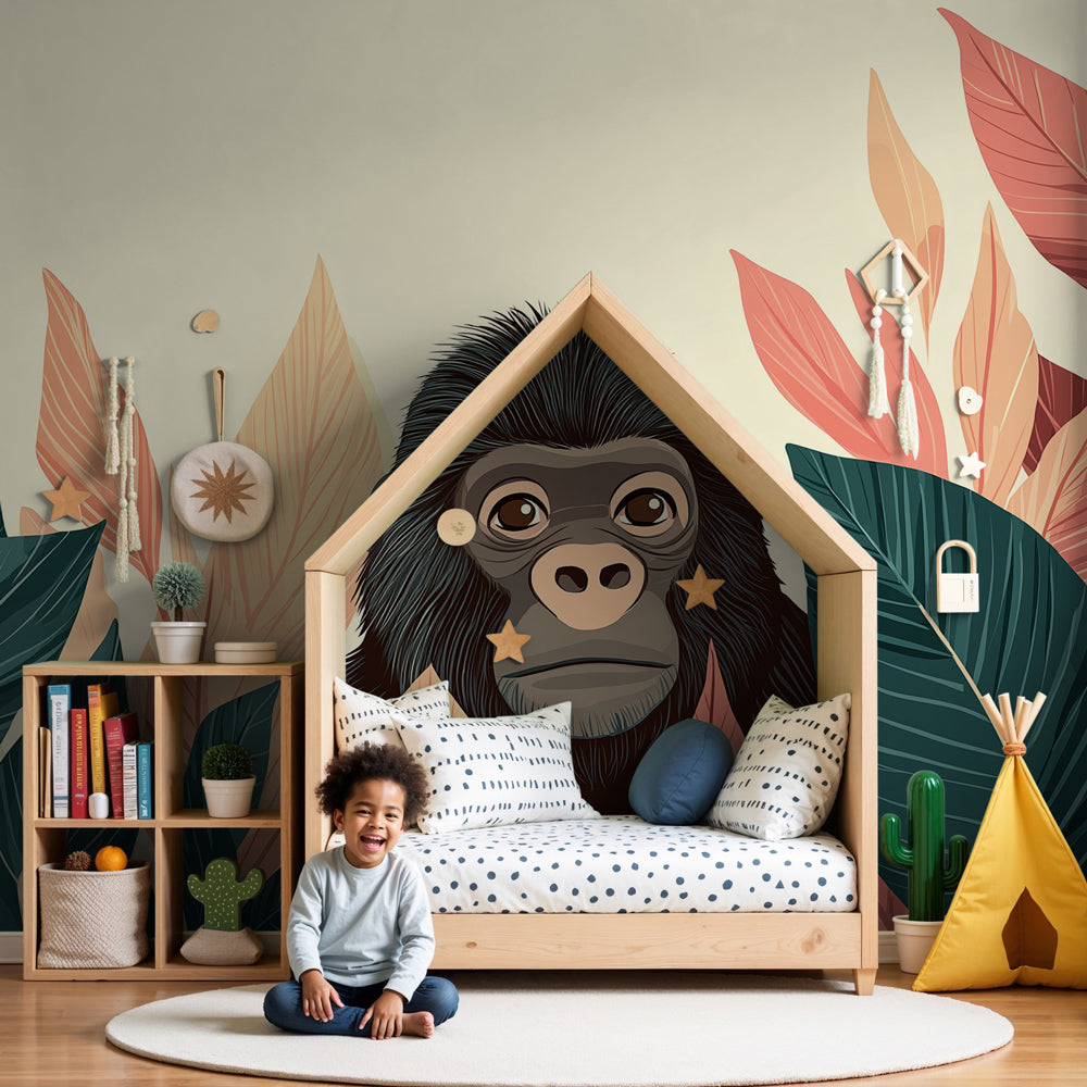 Curious gorilla jungle mural wallpaper in modern nursery setting by Kids-Mundo