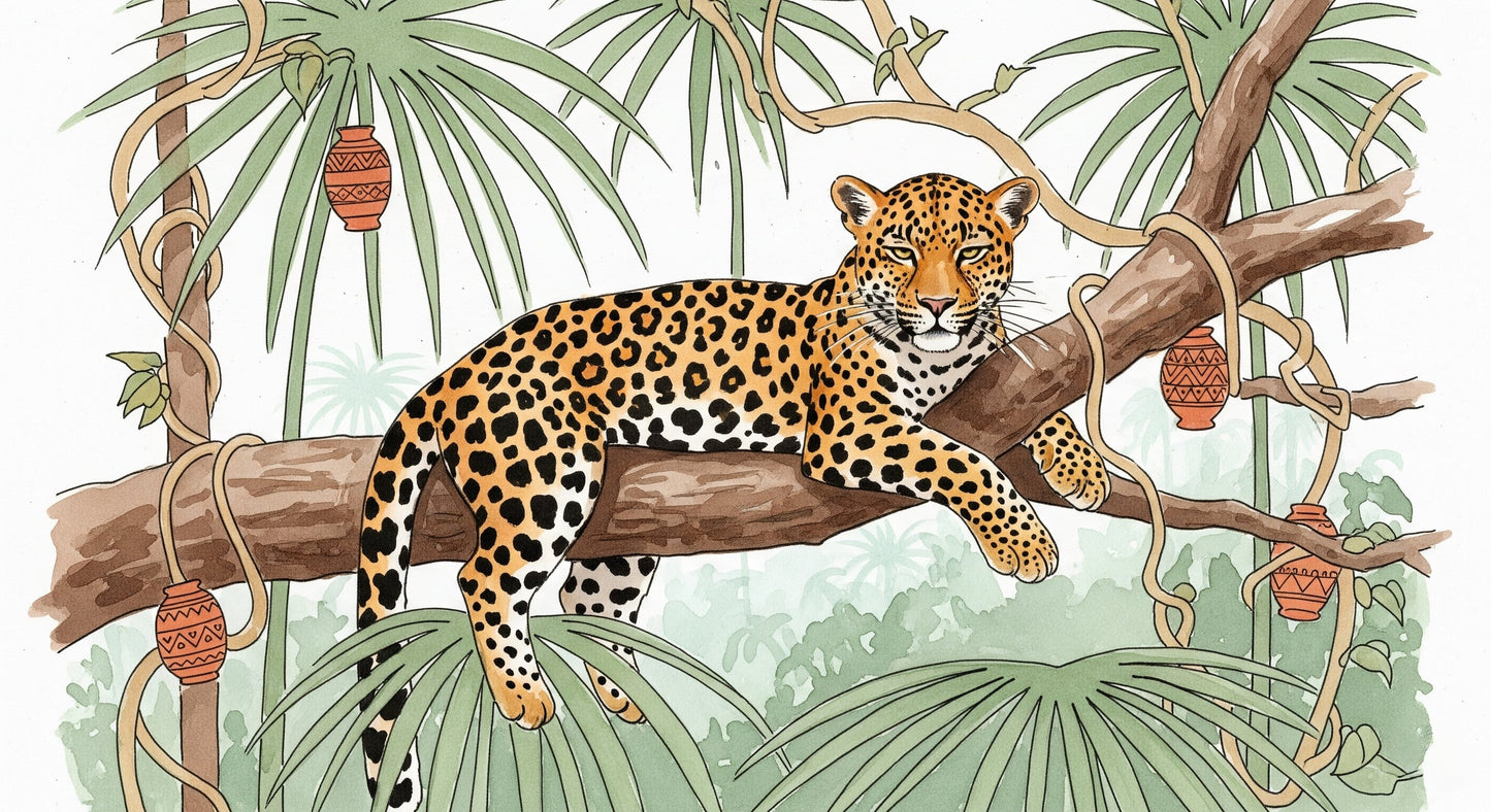 Detailed jungle jaguar mural wallpaper design pattern with tropical foliage by Kids-Mundo