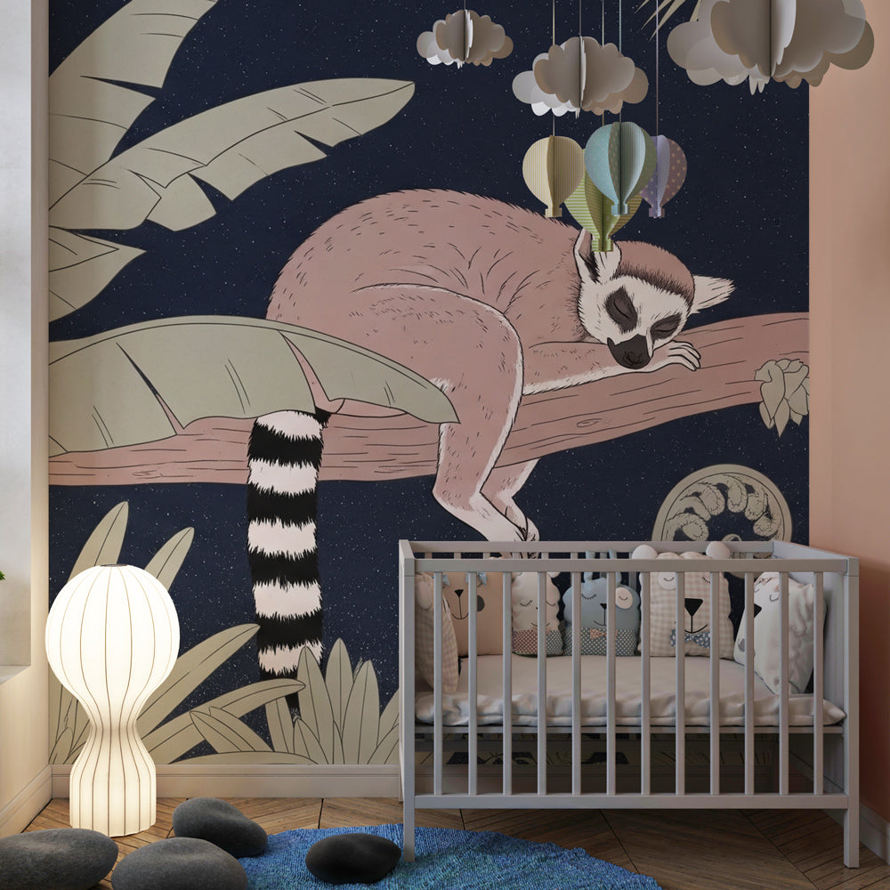 Sleeping lemur wallpaper in children's bedroom with natural lighting and wooden furniture